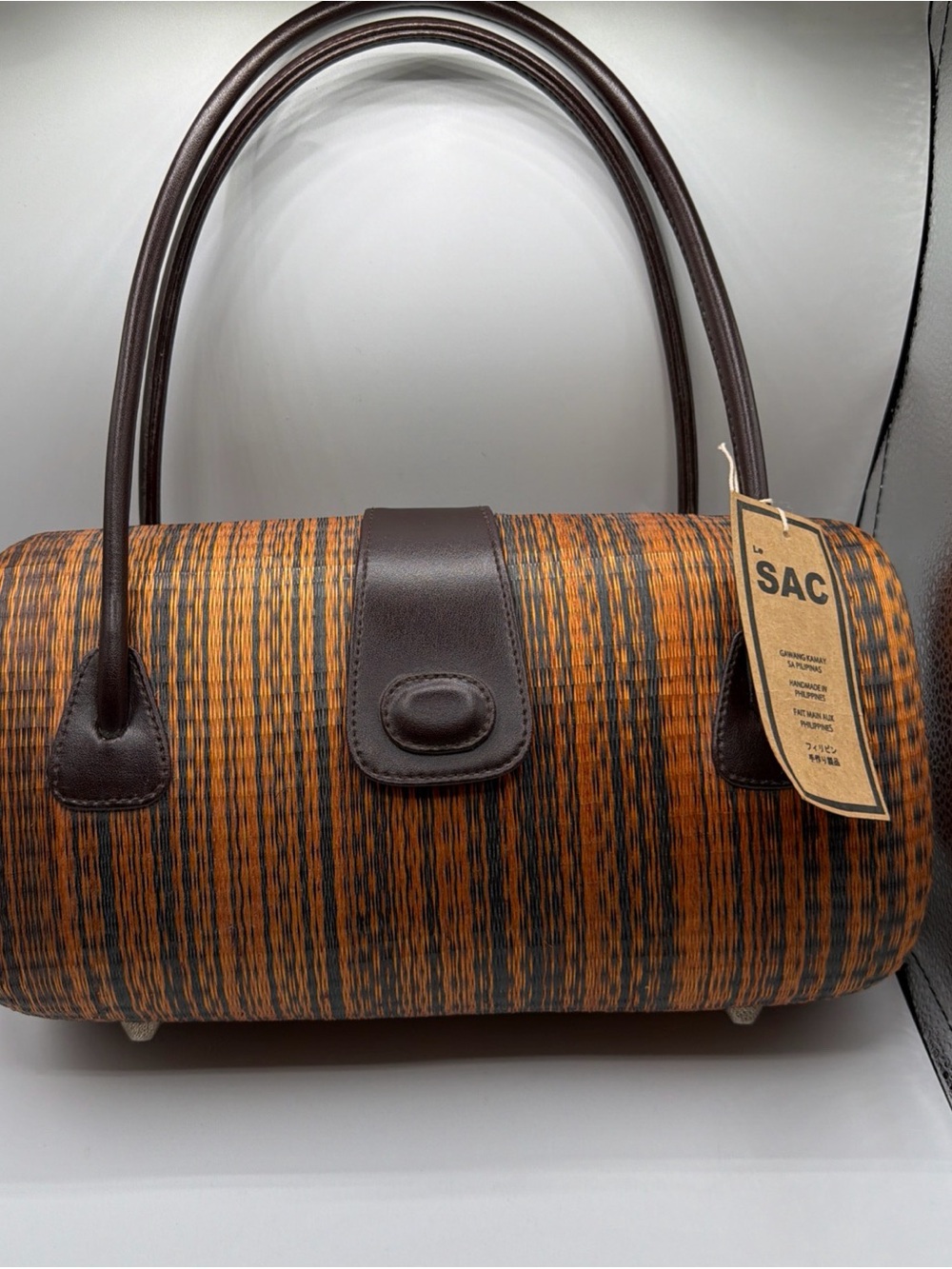 Barrel Le SAC The Original Handmade Rattan Handbag Orange/ Brown Purse 13" NWT